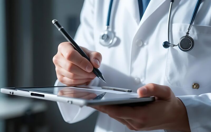 Medic care consultă o tabletă